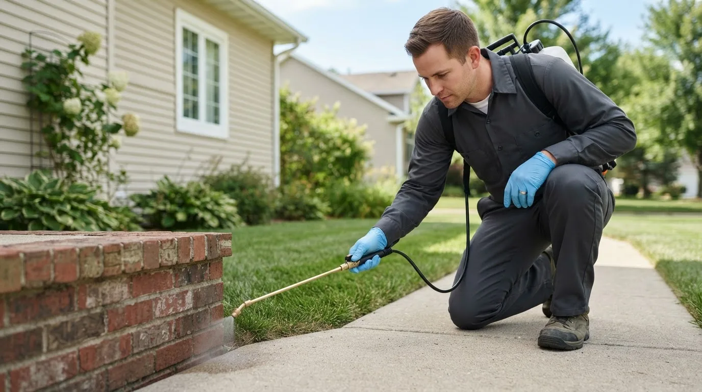 Pest control technician treating a home near Jurupa Valley, CA